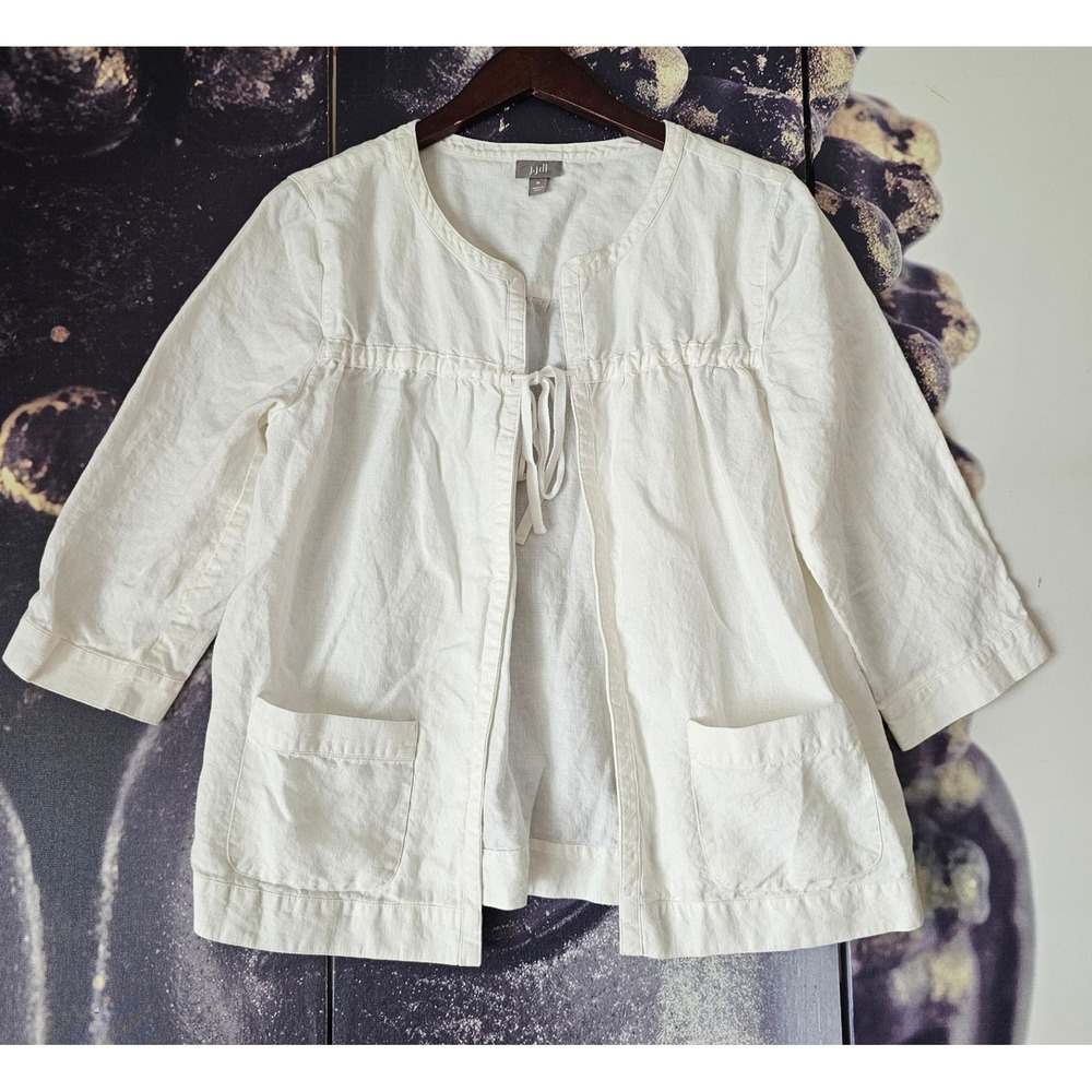 J.Jill Womens Cream Linen Blend 3/4 Sleeve Tie Front Lightweight Jacket M‎